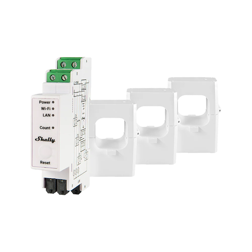 Shelly Pro 3EM switchboard energy meter for live power monitoring and hot water control