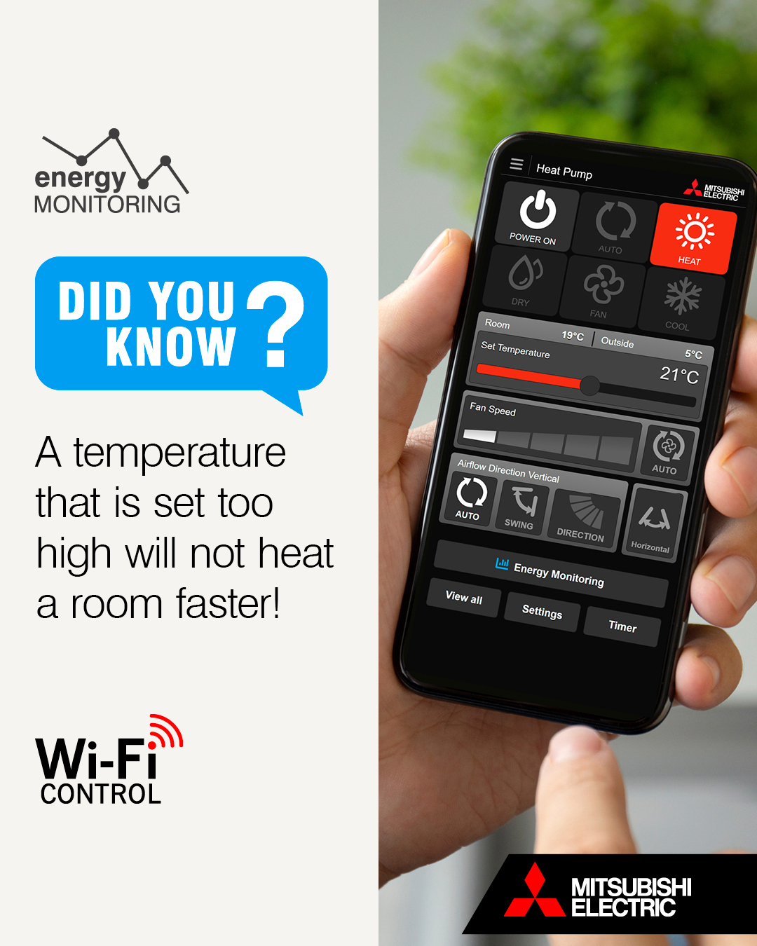 Mitsubishi Electric app control tip about heating temperature settings