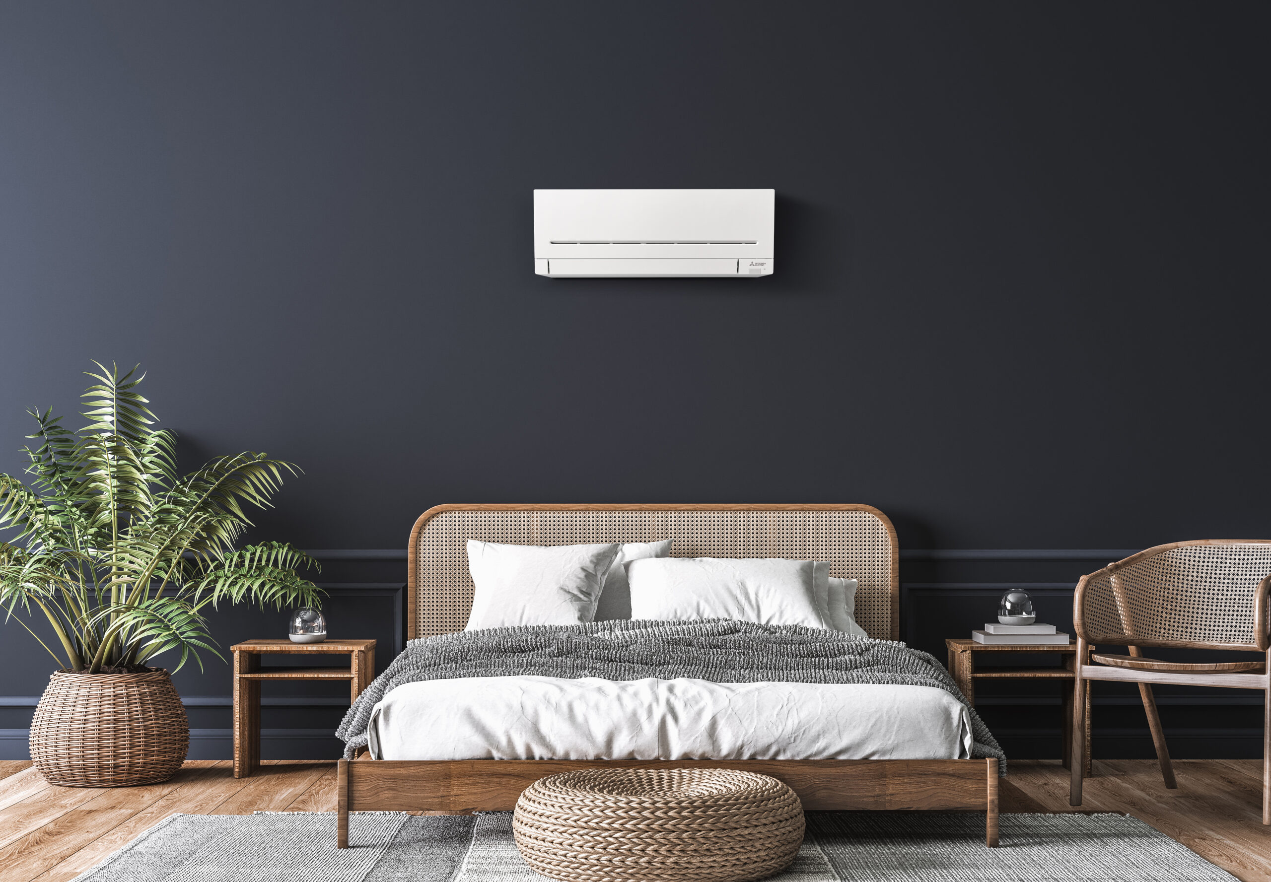 Mitsubishi Electric heat pump installed in a modern bedroom