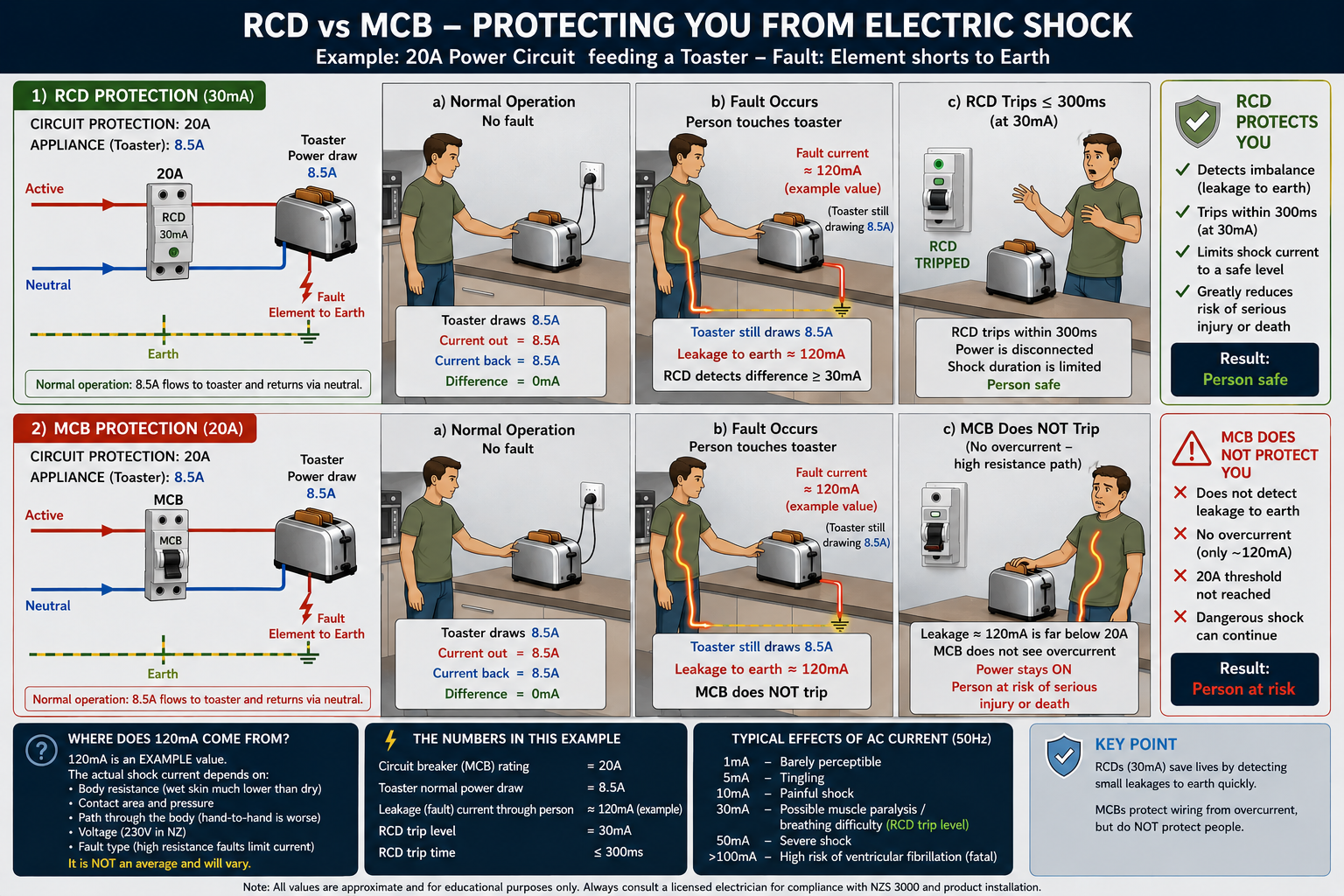 Illustration showing electric shock risk and RCD protection