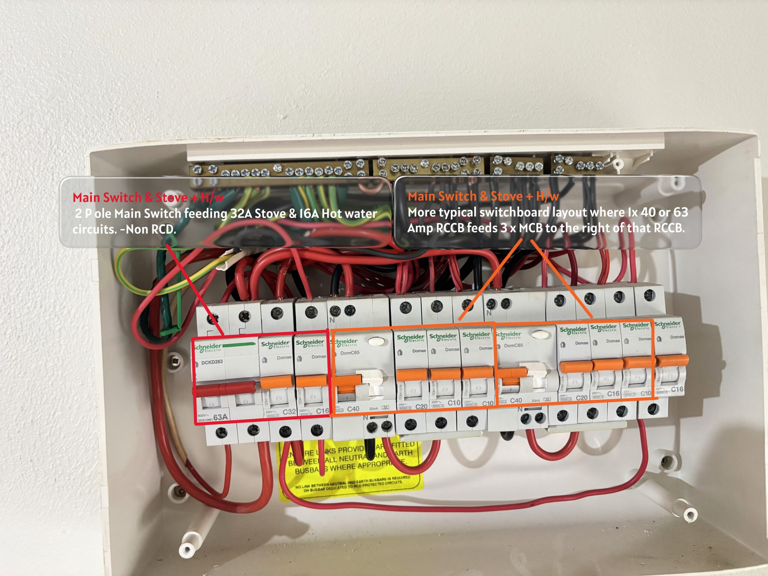 Modern switchboard example with several RCDs each protecting fewer circuit breakers